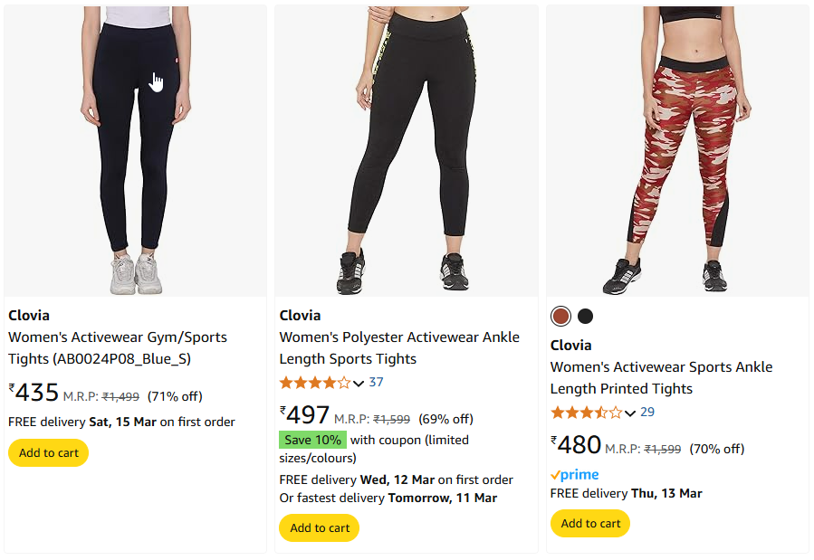 Image of Clovia Women's Activewear Sports Tights Starting Price@ ₹435