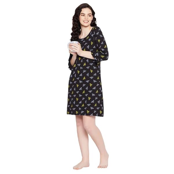 Image of Clovia Women's Cotton Dragonfly Print Short Night Dress 