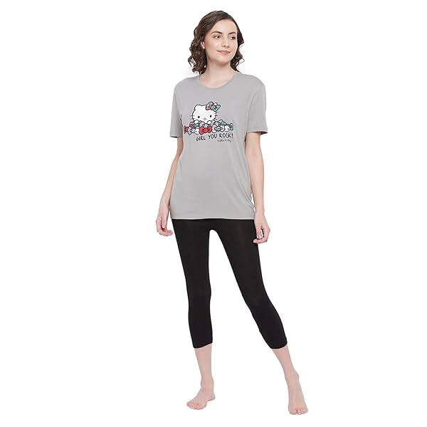 Image of Clovia Women's Cotton Graphic Print Short Sleeve T-Shirt in Grey