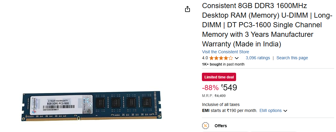 Image of Consistent 8GB DDR3 1600MHz Desktop RAM 