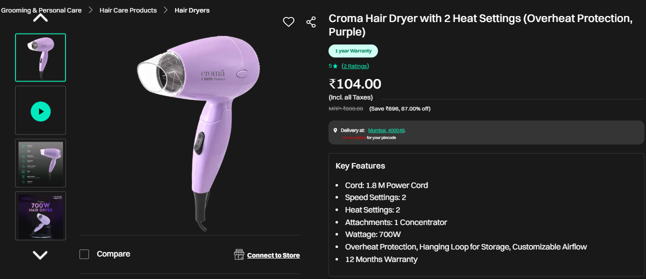 Image of Croma Hair Dryer with 2 Heat Settings (Overheat Protection, Purple)