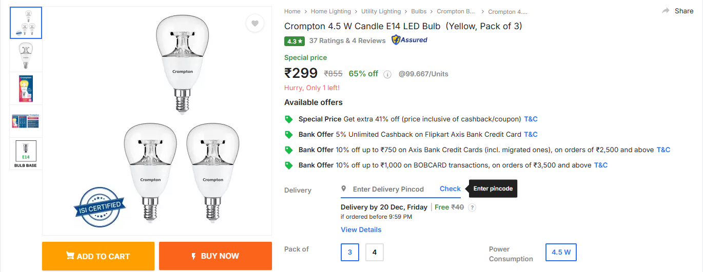 Image of Crompton 4.5 W Candle E14 LED Bulb  (Yellow, Pack of 3)