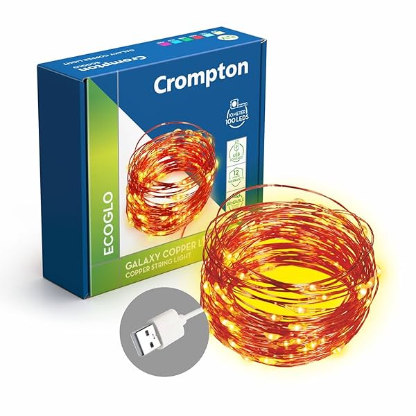Image of Crompton Galaxy Decoration Copper USB Powered String Fairy Lights 100 Led 10m Warm White Pack of 1