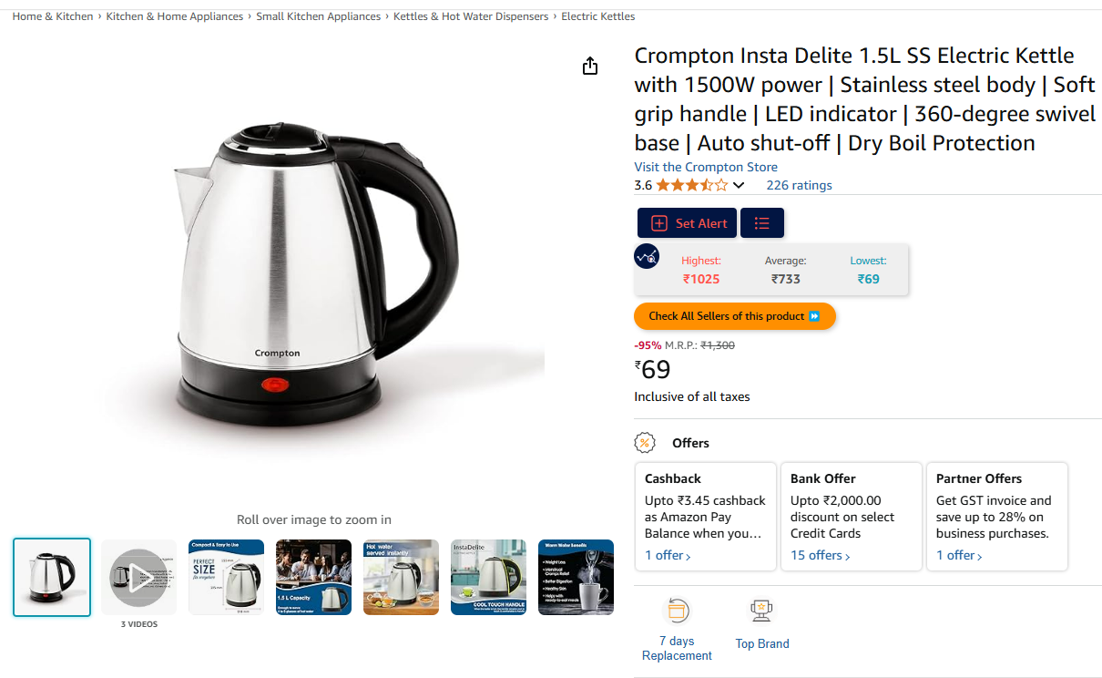 Image of Crompton Insta Delite 1.5L SS Electric Kettle with 1500W power