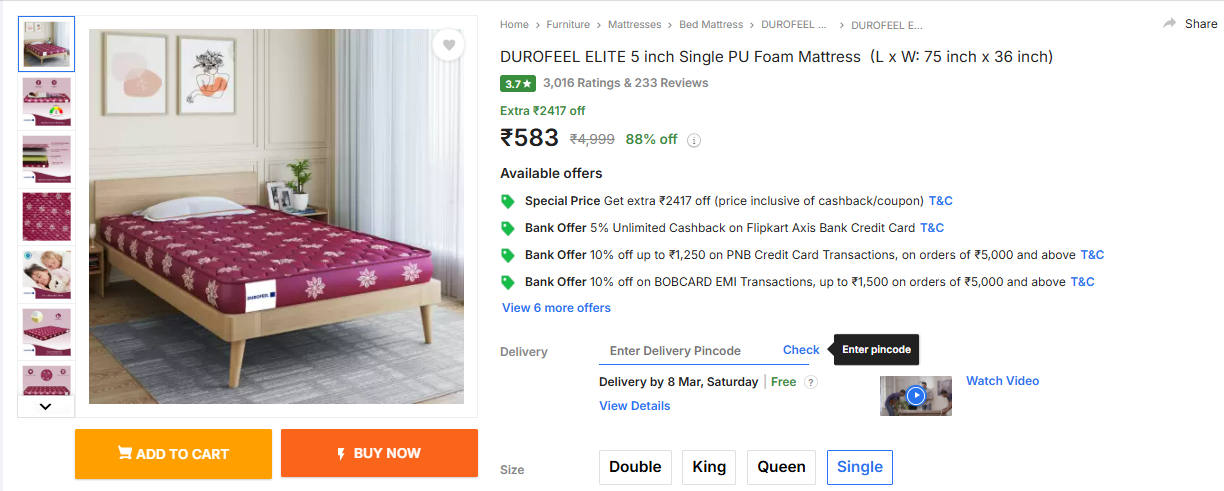 Image of DUROFEEL ELITE 5 inch Single PU Foam Mattress 