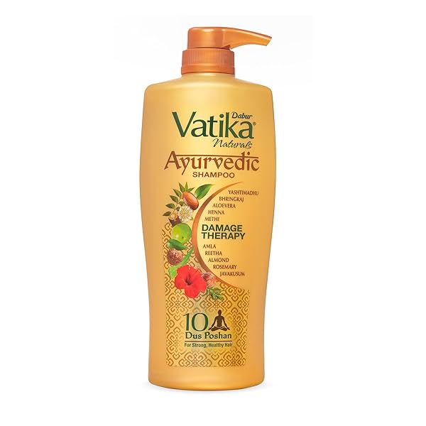 Image of Dabur Vatika Ayurvedic Shampoo - 640ml | Damage Therapy | With Power of 10 ingredients for solving 10 hair problems