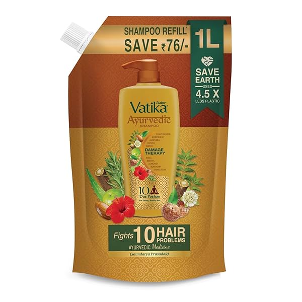 Image of Dabur Vatika Ayurvedic Shampoo Refill Pouch - 1l | Damage Therapy | 