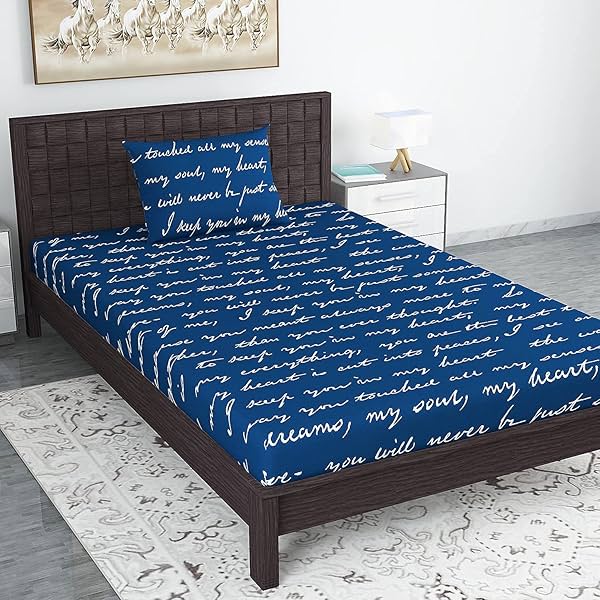 Image of Divine Casa Abstract Printed Elastic Closing Single Bed Fitted Bedsheet with 1 Pillow Cover, Blue & White 2 Pieces