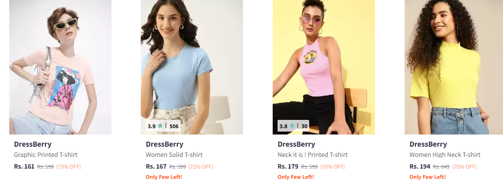 Image of DressBerry Women's Fashion T-shirts Starting @ ₹161