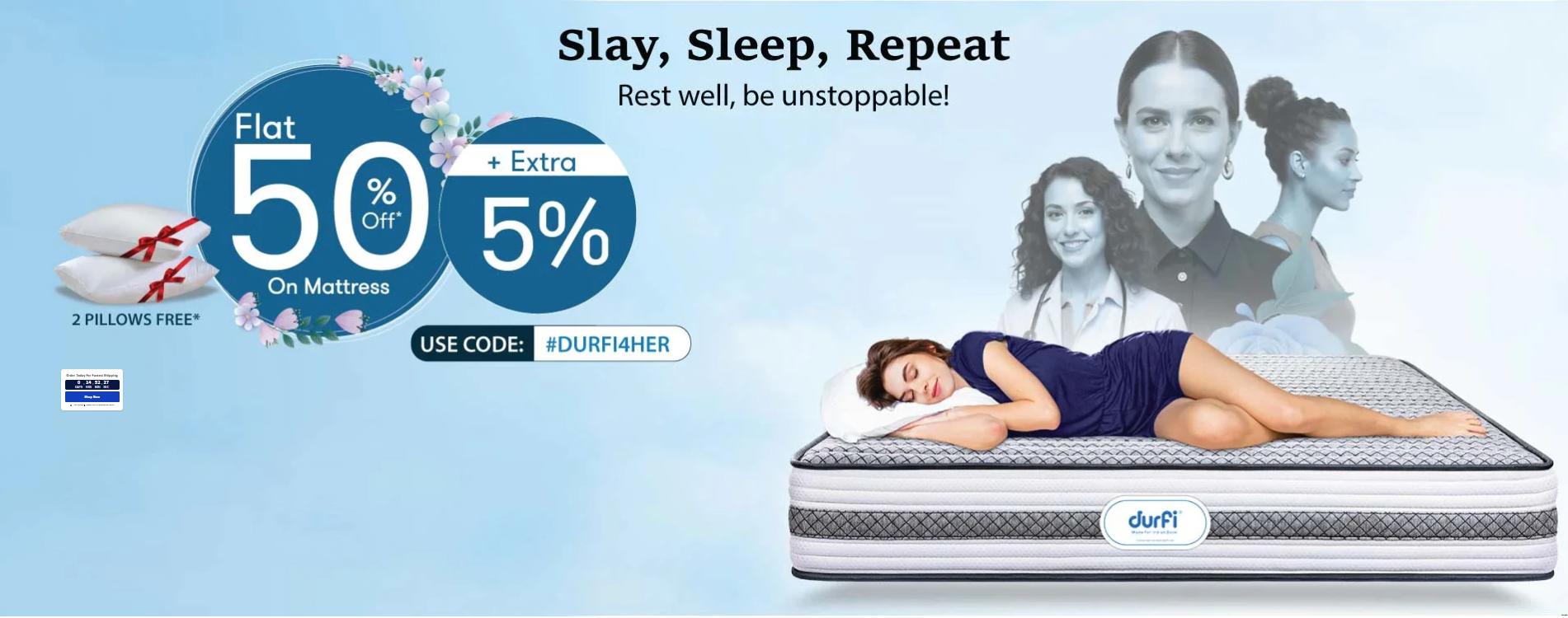 Image of Durfi Mattress coupon : Women's day sale Flat 50+extra 5% Off on Mattress with 2 Pillow Free