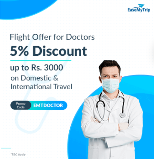 Image of EaseMyTrip Doctors Flight Coupon: Get 5% Discount on Flight Up to ₹3000 for Doctors & Nurses