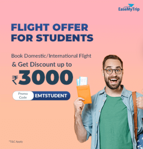 Image of EaseMyTrip Flight Coupon: Up to ₹3000 Off on Flights for Students