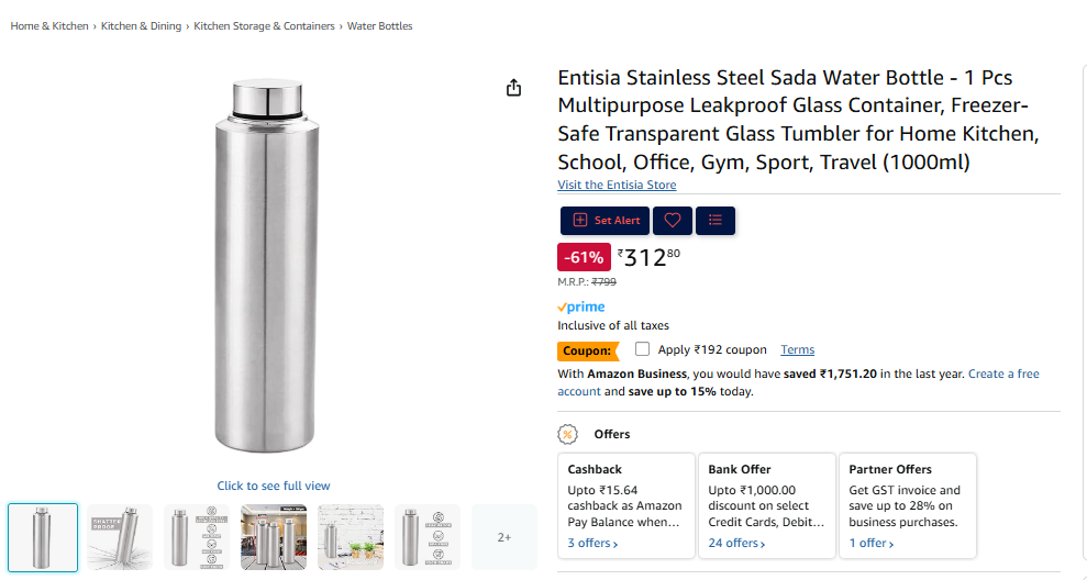 Image of Entisia 1000ml stainless steel water bottle