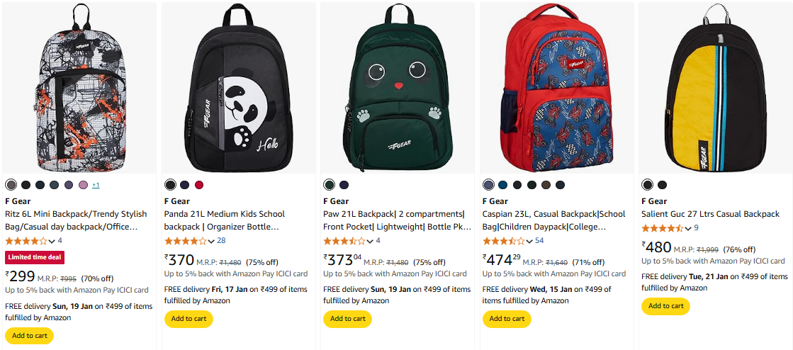 Image of F Gear Backpacks minimum 70% Discount