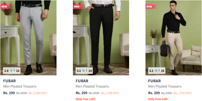 Image of FUBAR Men Pleated Trousers Starting @ ₹299