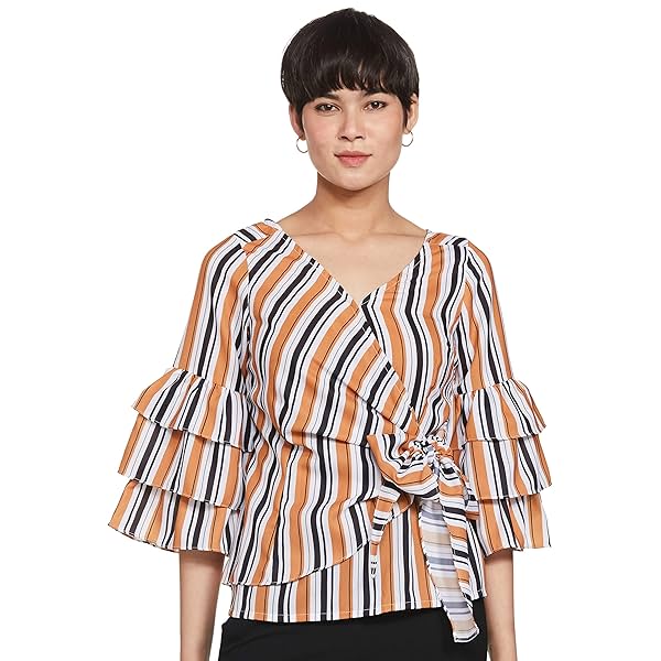 Image of FabAlley Women's Regular Fit Mustard Striped Bell Sleeve Wrap Top