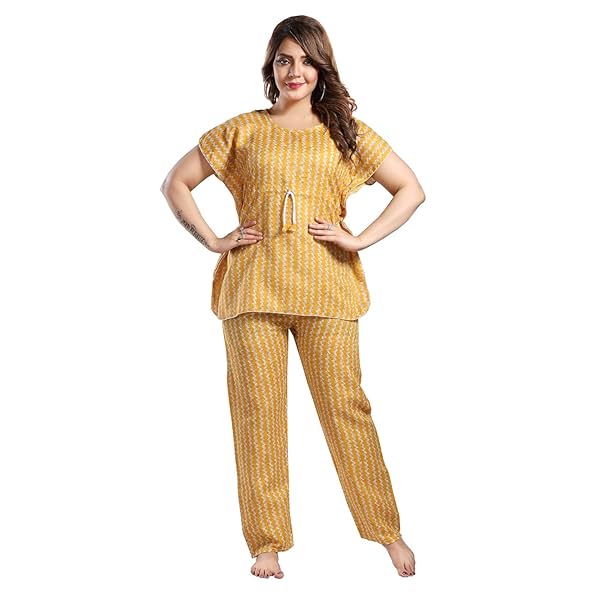 Image of Fabme Women's Cotton Printed Kaftan and Pyjama Set 