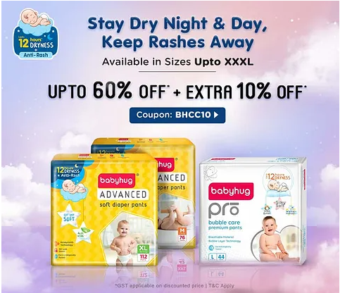 Image of FirstCry Offer: Get up to 60% Off + Extra 10% Off on Entire Babyhug Diaper Range