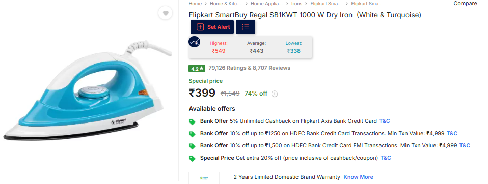 Image of Flipkart SmartBuy Regal SB1KWT 1000 W Dry Iron 