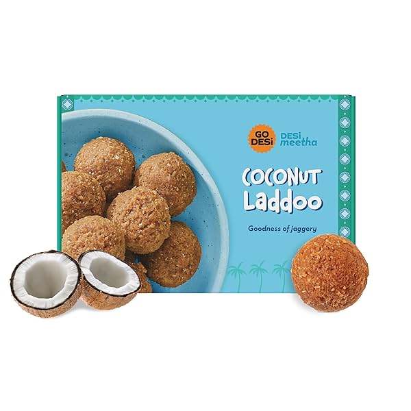 Image of GO DESi Coconut Laddu, 300 grams, Made with Jaggery, Nariyal Ladoo, Laddoo, Sweets Indian Mithai, Gift pack