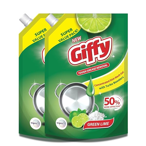 Image of Giffy Concentrated Liquid Dish Wash Gel 900ml Pack of 2 with Active Salt & Lime| 