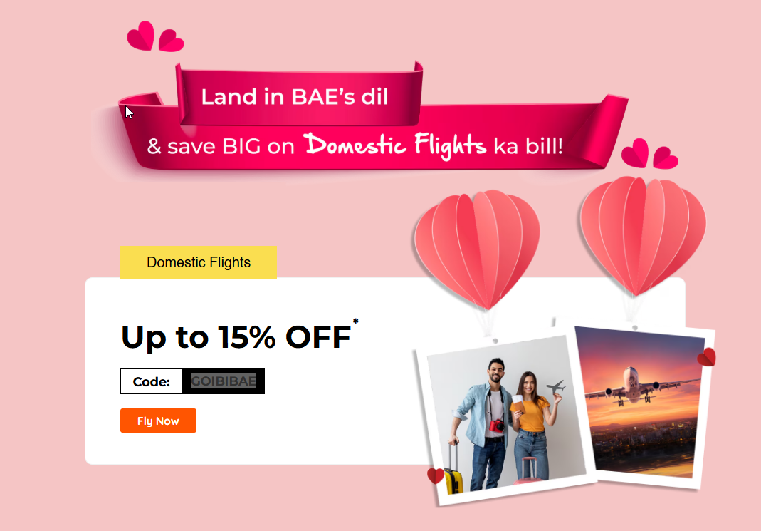 Image of Goibibo: Valentine's Day Sale (Upto 15% Off On Domestic Flights)