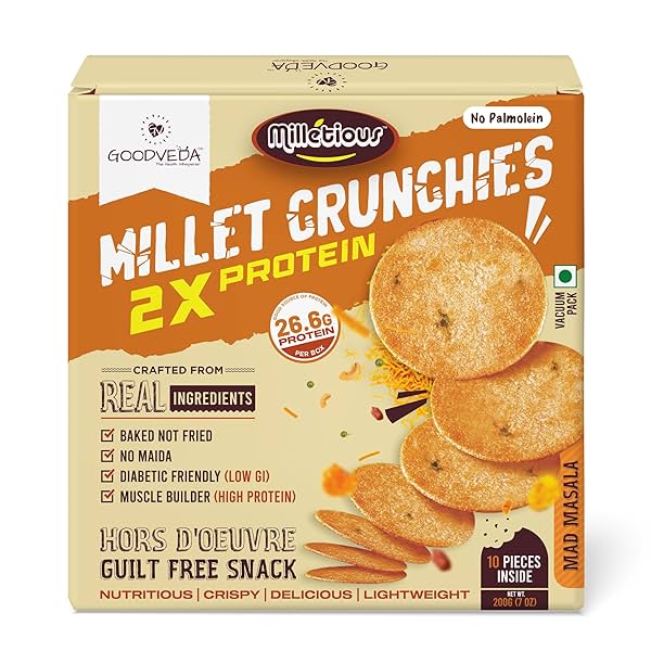 Image of Goodveda Mad Masala Millet Crunchies: Millet biscuits with 26.60g protein, high fiber, low GI. 1 Diabetic-friendly, no 