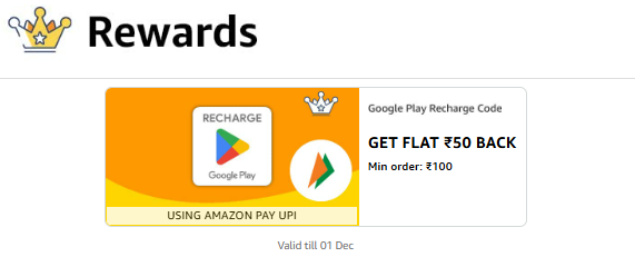 Image of Google play Recharge Code Get Flat ₹50 Back Min. Order Value ₹100 @ Amazon