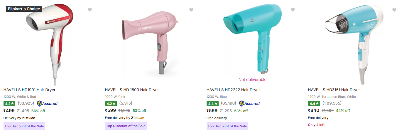 Image of HAVELLS HD1901 Hair Dryer Starting @ ₹499