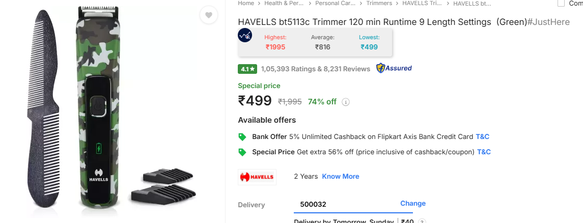 Image of HAVELLS bt5113c Trimmer 120 min Runtime 