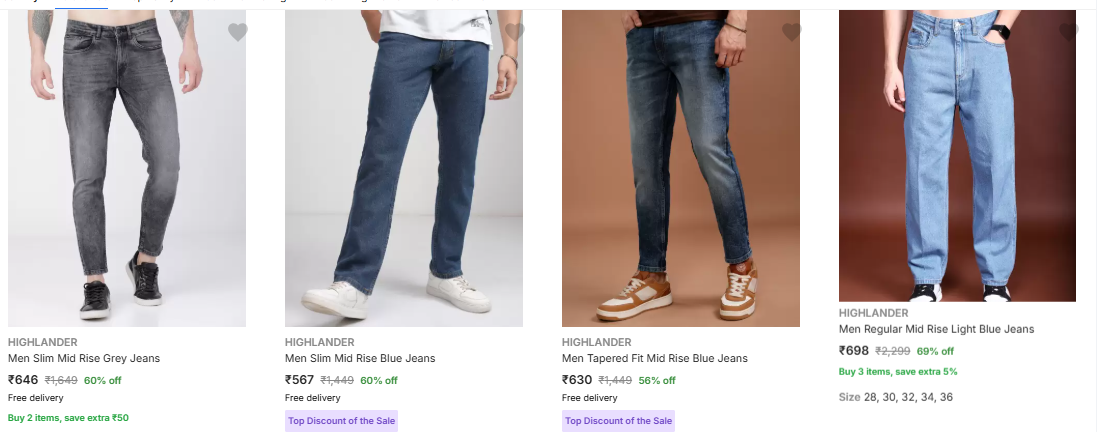 Image of HIGHLANDER Men Slim Mid Rise Jeans Starting Price @ ₹567