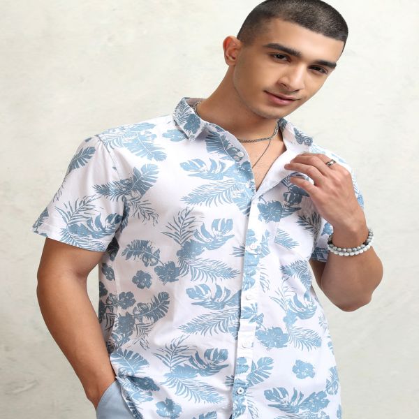 Image of HIGHLANDER Men White & Blue Slim Fit Printed Casual Shirt