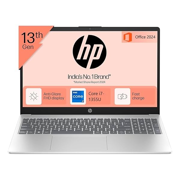 Image of HP 15, 13th Gen Intel Core i7-1355U,16GB DDR4, 512GB SSD,(Win 11, Office 24, Silver, 1.59kg), 15.6-inch(39.6cm), Anti-Gl