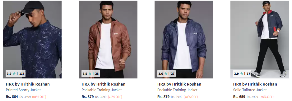 Image of HRX by Hrithik Roshan Men's Printed Jackets at 70%-80% Discount 