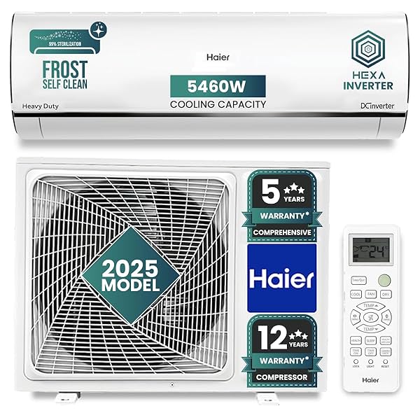 Image of Haier 1.6 Ton 5 Star HEXA Inverter Split AC (5460W, Copper, Heavy Duty, 4 way Swing, Frost Self Clean