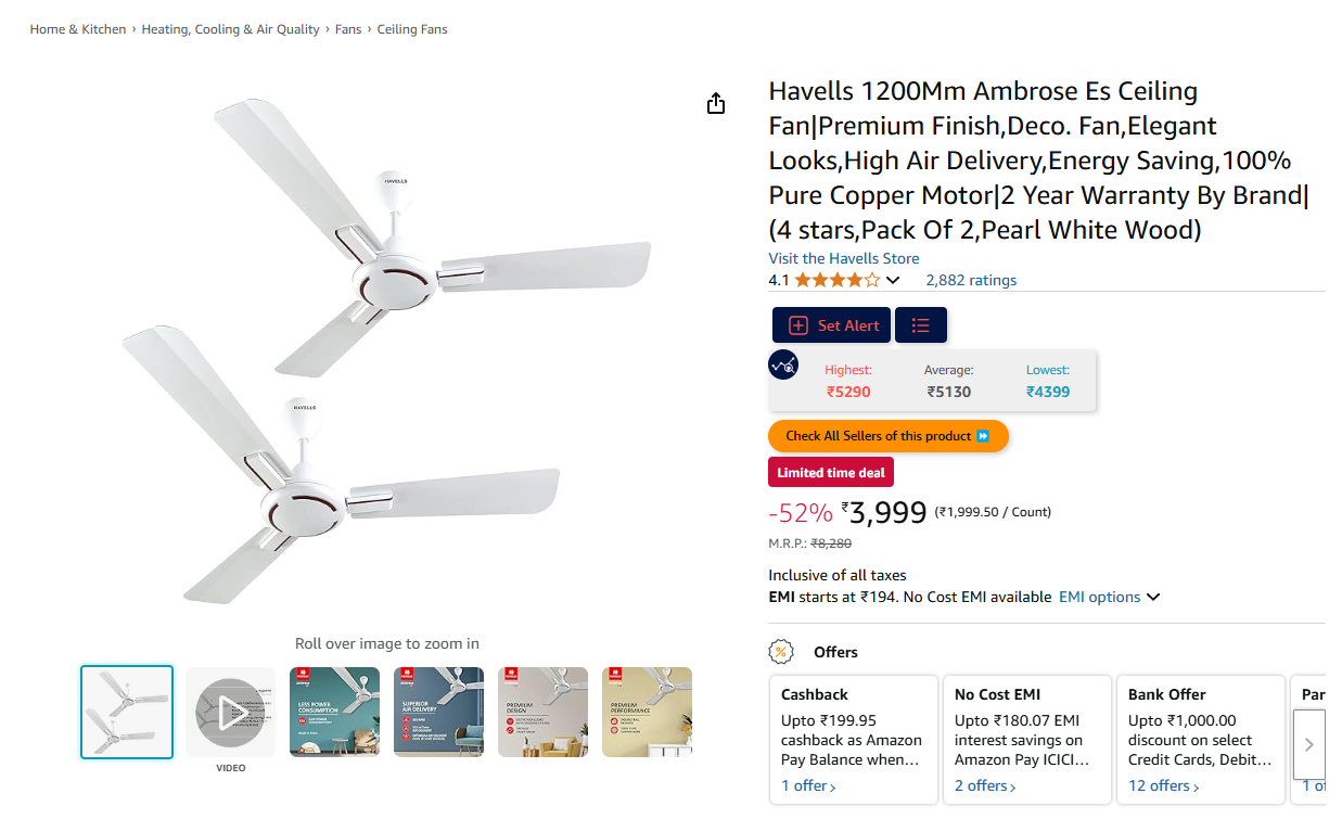 Image of Havells 1200Mm Ambrose Es Ceiling Fan|Premium Finish,Deco. Fan