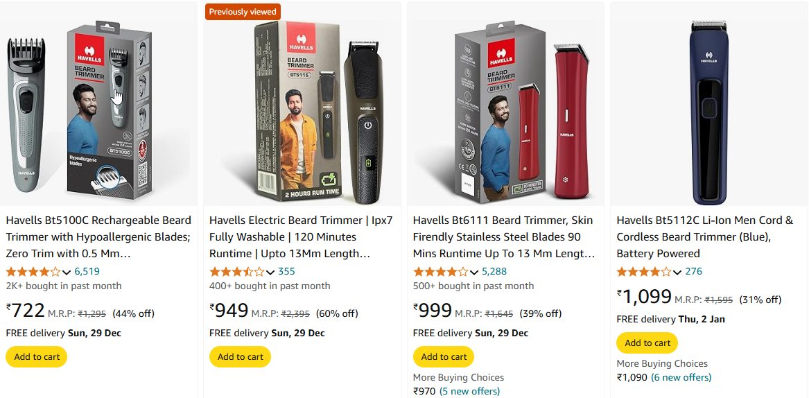 Image of Havells Bt5100C Rechargeable Beard Trimmer Starting Price @ ₹722