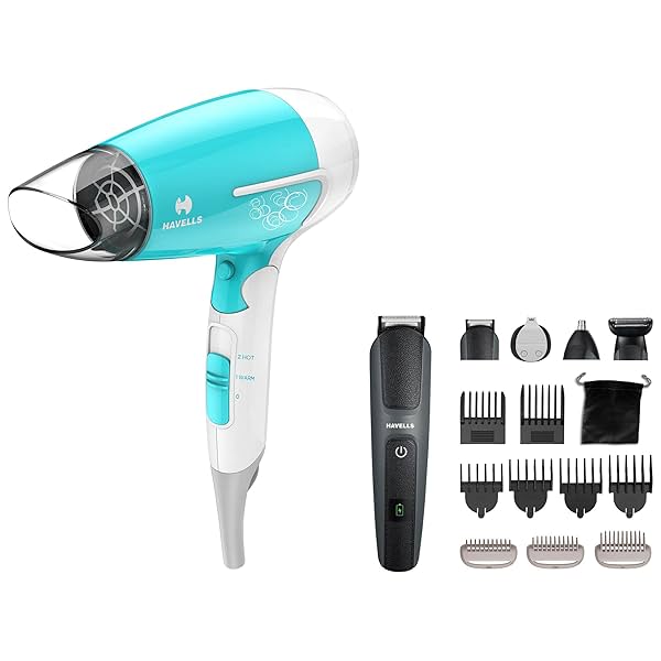 Image of Havells HD3151 1200W Foldable Hair Dryer & Havells GS8714 15-in-1 Super Grooming Kit, IPX7, 120 min run time