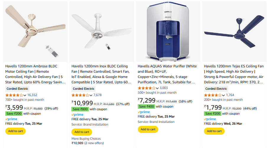 Image of Havells Household Electronics Items Minimum 50% Discount + Extra Coupon Discount