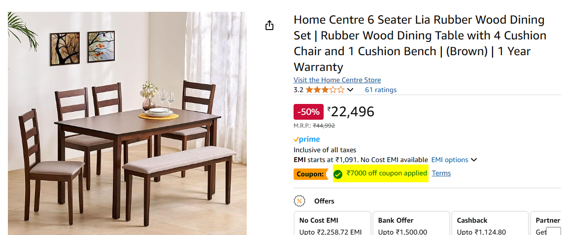 Image of Home Centre 6 Seater Lia Rubber Wood Dining Set