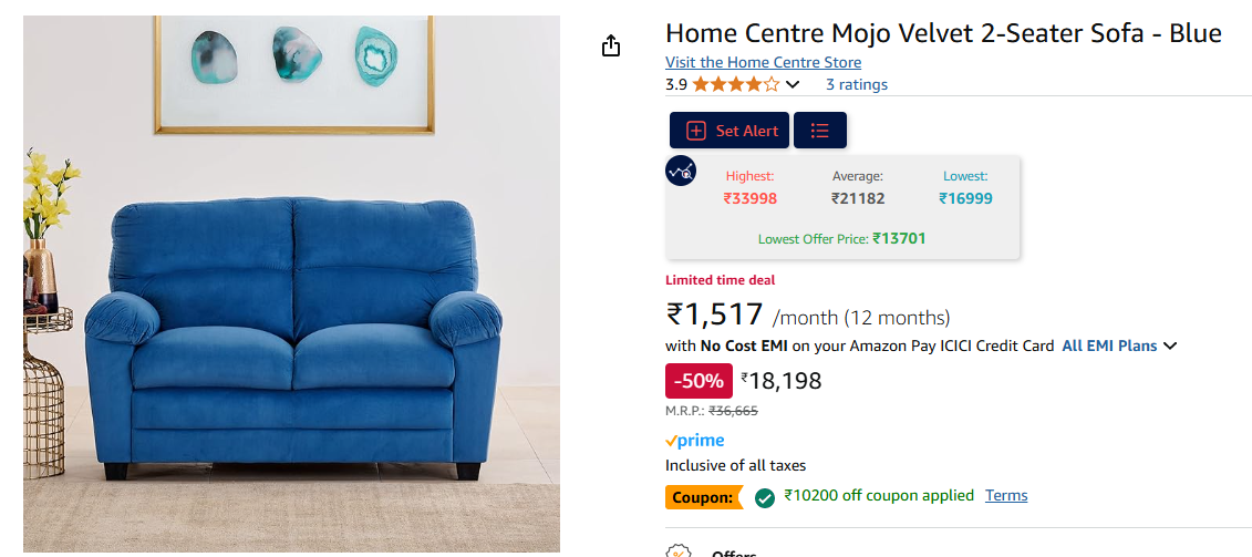 Image of Home Centre Mojo Velvet 2-Seater Sofa - Blue