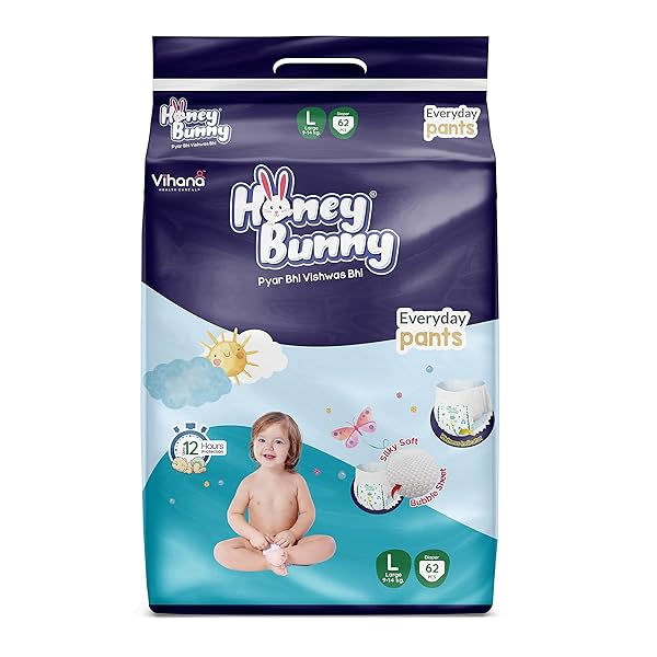 Image of Honey Bunny Everyday Baby Diapers Pants Large (L), 62 Count, 9-14 kg