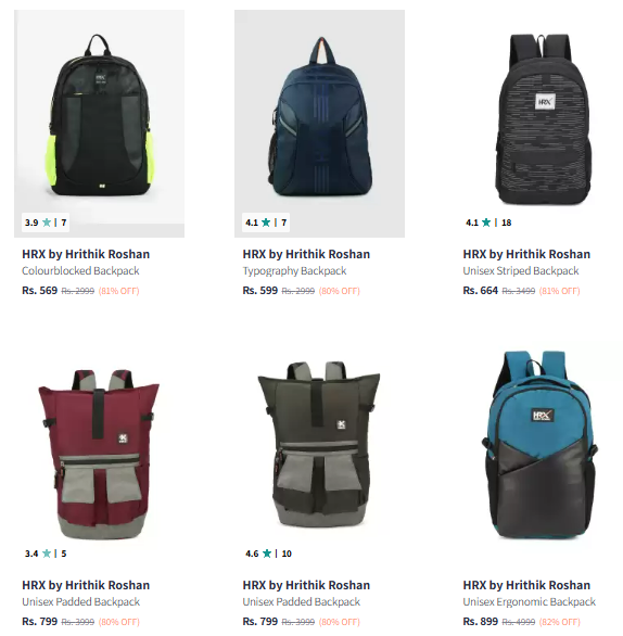 Image of Hrx By Hrithik Roshan Brand Backpacks @ Minimum 80% Discount