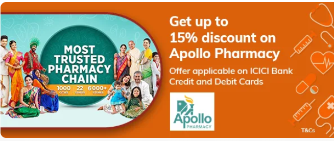 Image of ICICI Bank Coupon : Get upto 15% discount at Apollo Pharmacy