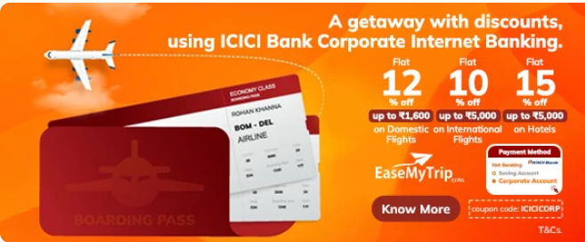 Image of ICICI Bank Coupon : Offer on EaseMyTrip using ICICI Bank Corporate Internet Banking