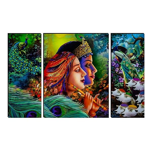 Image of Indianara Set of 3 Radha Krishna wit Peacock MDF Art Painting 