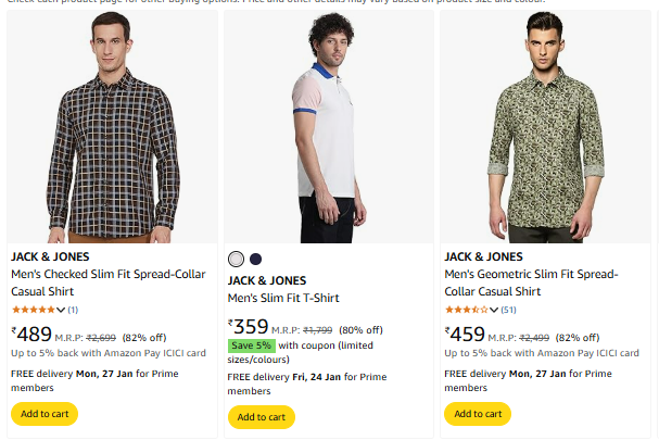 Image of Jack & Jones Brand Clothing @ Minimum 80% Discount