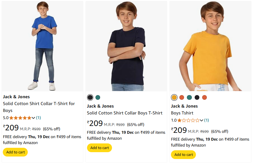 Image of Jack & Jones Solid Cotton T-Shirt For Boys Starting Price @ ₹209