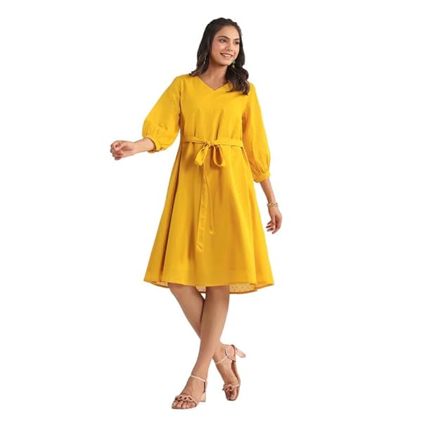 Image of Janasya Women's Dobby Cotton A-Line Midi Dress