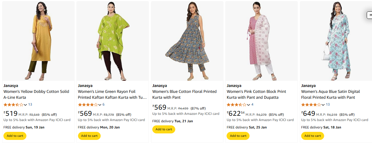 Image of Janasya Women's Kurta Set minimum 85% Discount